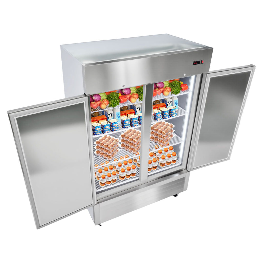 Commercial Refrigerator, 32.2 in Width Reach In Upright Refrigeration Double Door, 43.2 Cu.ft Auto-Defrost Refrigerator with 8 Adjustable Shelves, 32 to 50 Fahrenheit Temp Range, 4 Wheels