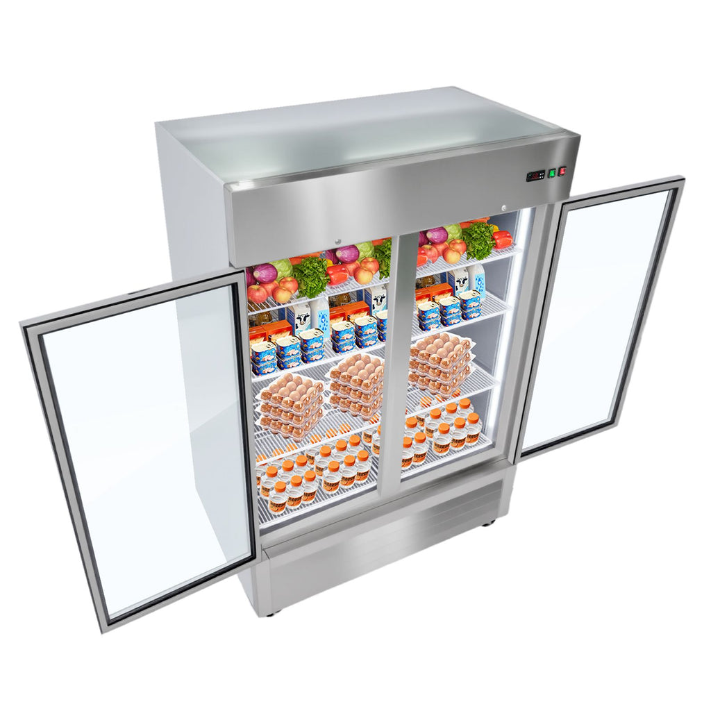 Commercial Refrigerator, 32.2 in Width Reach In Upright Refrigeration Double Glass Door, 43.2 Cu.ft Auto-Defrost Stainless Steel Refrigerator with 8 Adjustable Shelves, 32 to 50 F Temp Range