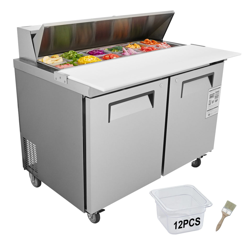 Commercial Refrigerator, 48" Sandwich & Salad Prep Table, 12.85 Cu. Ft Thick Stainless Steel Refrigerated Food Prep Station with 12 Pans Cutting Board, 2 Door Fridge for Restaurant, Bar, Shop
