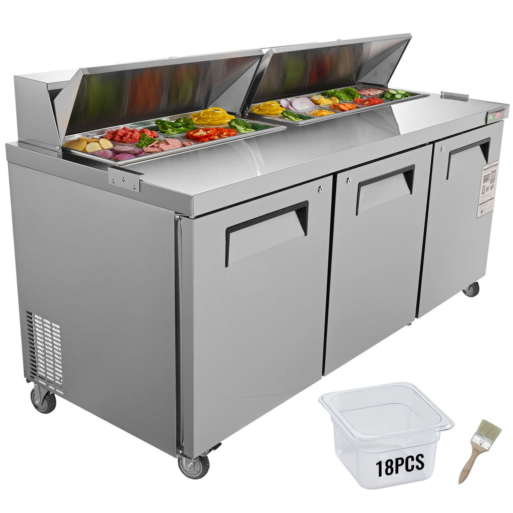 Commercial Refrigerator, 72" Sandwich & Salad Prep Table, 17.73 Cu. Ft Stainless Steel Refrigerated Food Prep Station with 18 Pans, Cut Board, 3 Door Worktop Fridge with lock for Restaurant