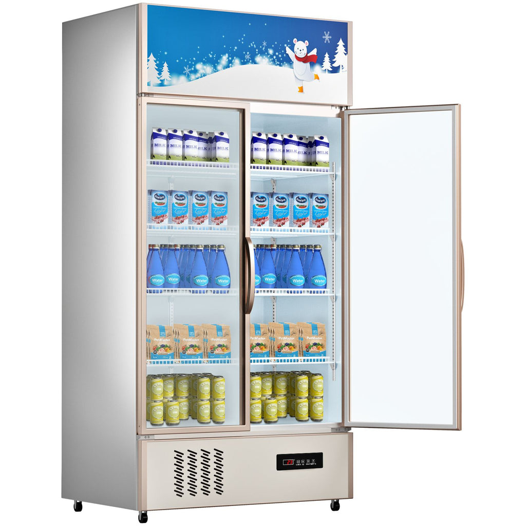 Commercial Refrigerator,Display Fridge Upright Beverage Cooler, Glass Door with LED Light for Home, Store, Gym or Office, (23 cu.ft. Double Swing Door)