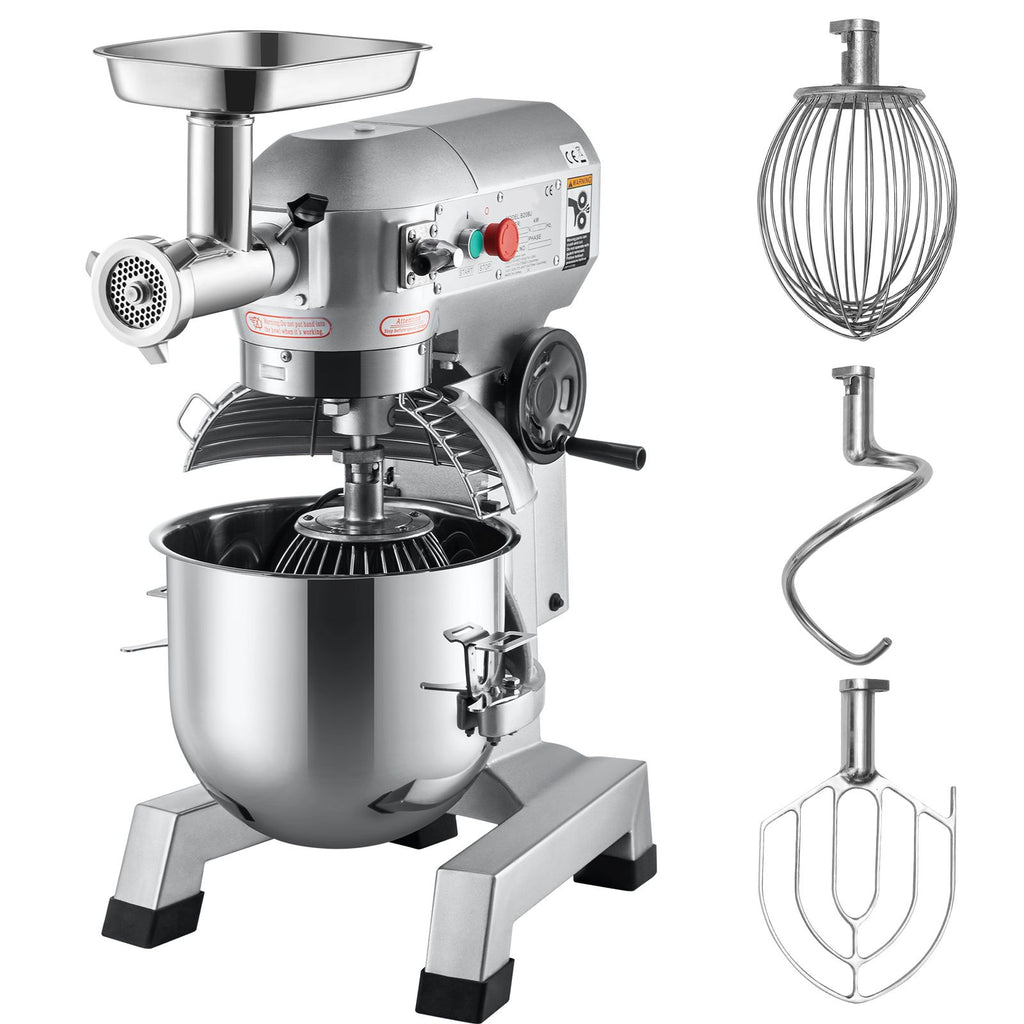 Commercial Stand Mixer, 20Qt Stainless Steel Bowl, 1100W 2 in 1 Multifunctional Electric Food Mixer with Meat Grinder & 3 Speeds, Dough Hook Whisk Beater Included, Perfect for Bakery Pizzeria
