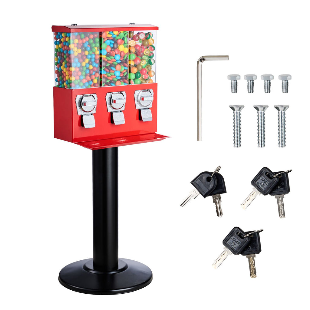 Commercial Vending Machine, Triple Compartment Candy Dispenser with Iron Stand, Gumball and Candy Machine for Business, Coin Operated Gumball Bank for Toy Capsules Bouncy Balls Candy Nut, Red