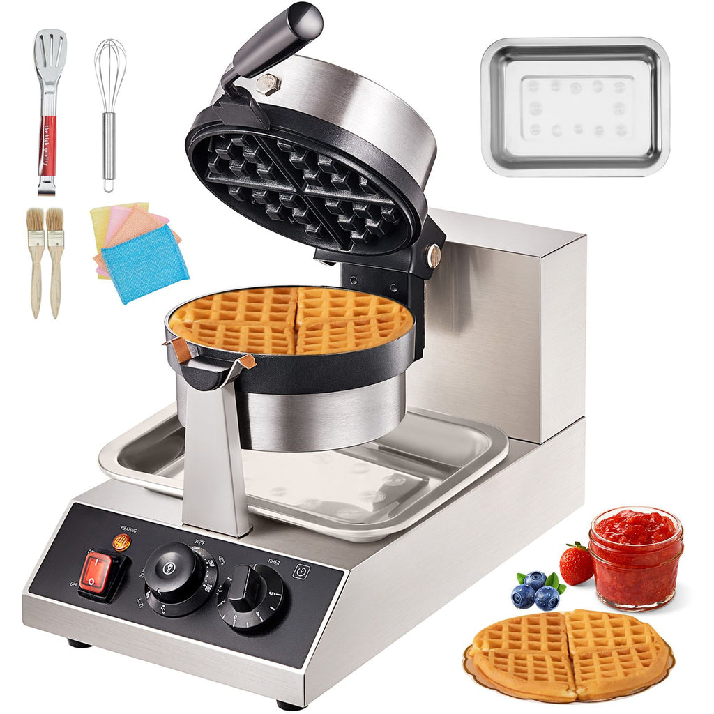Commercial Waffle Maker, 1 Piece per Batch, 1300W Round Waffle Iron, Non-Stick Waffle Baker Machine with 122-572 F/ 50-300 C Temp Range Teflon-Coated Baking Pans Stainless Steel Body, 120V
