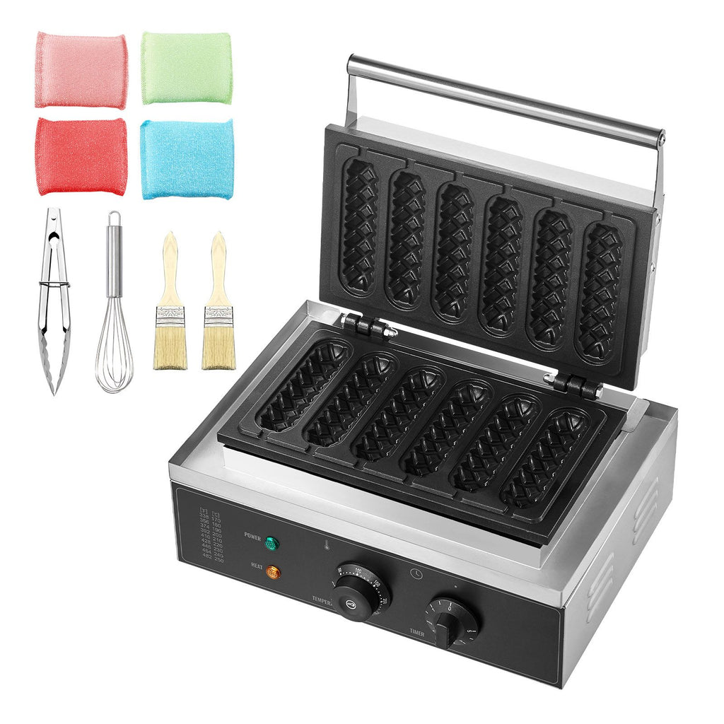 Commercial Waffle Stick Maker, 6PCS 1500W Waffle Baker Machine, Non-Stick Stainless Steel Corn Hot Dog Waffle Iron with Temp and Time Control, Handle, for Restaurant Bakery Snack Bar Family