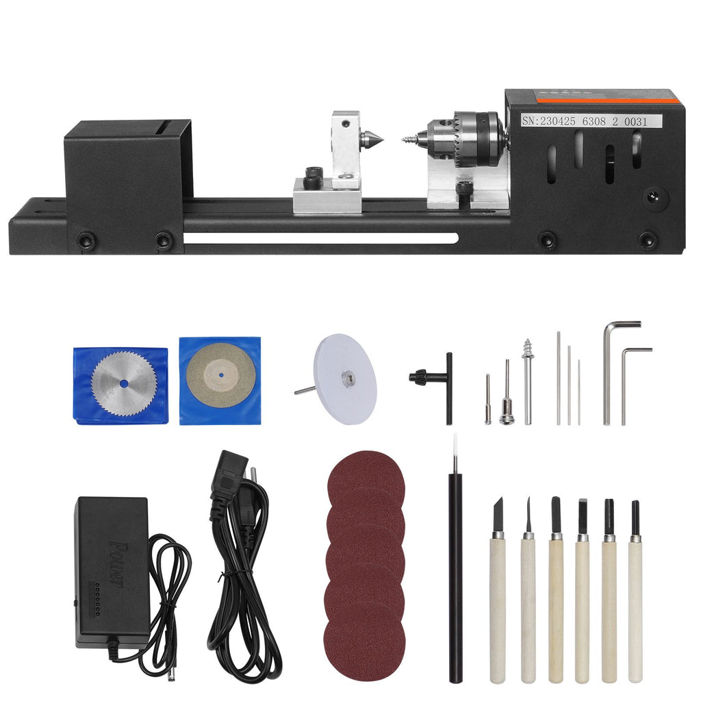Compact Lathe Machine, Dimensions 2.76 x 6.3 inches, 24VDC 96W, Includes Milling Machine Accessories, Features 7 Adjustable Speeds Ranging from 4220 to 8450 RPM, Ideal for DIY Woodworking and