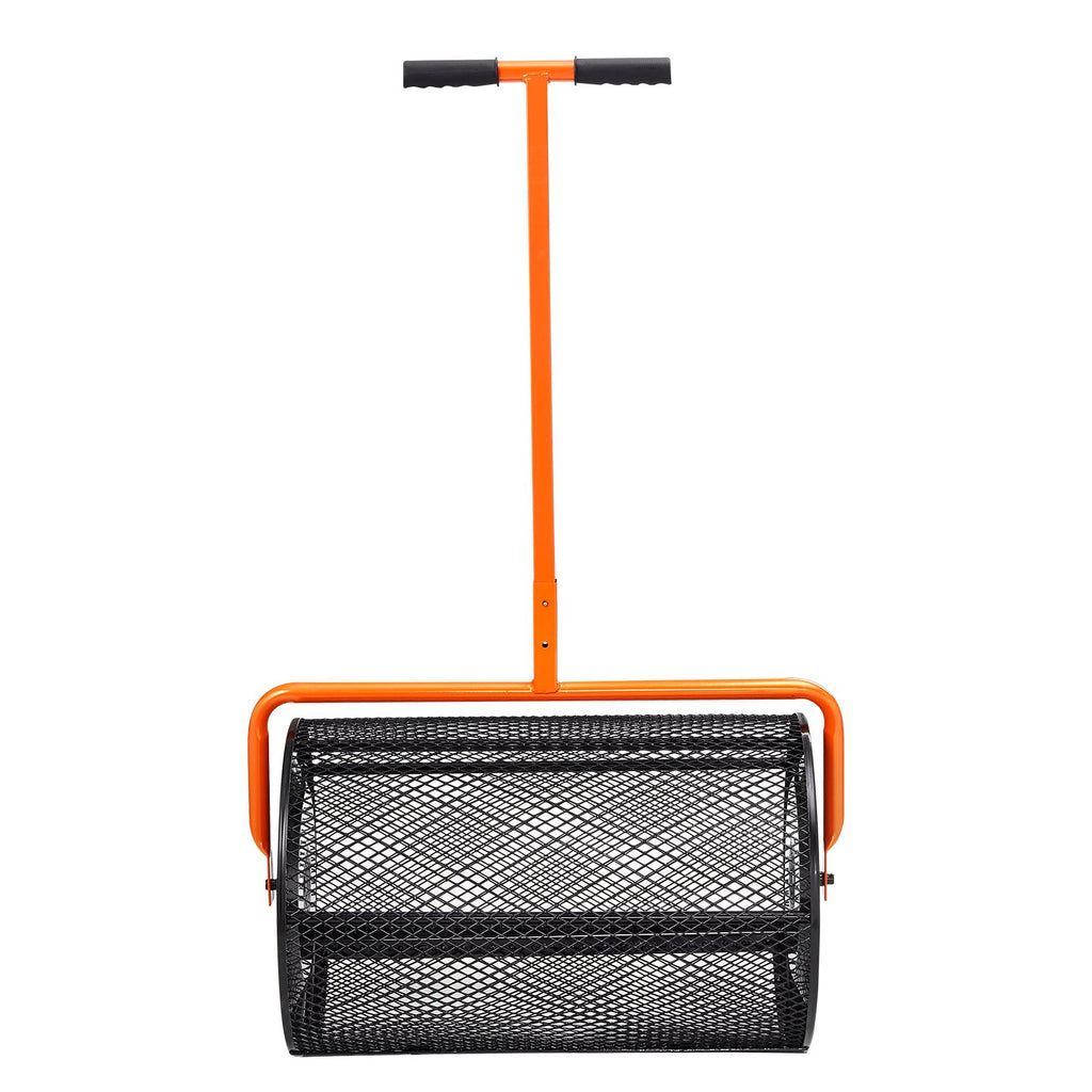 Compost Spreader, 24.4-25.6" Height Adjustable Handle, 24" Wide, Lawn and Garden Peat Moss Roller with Side Latches, Powder Coated Steel Mesh Basket for Spreading Manure, Topsoil, Black