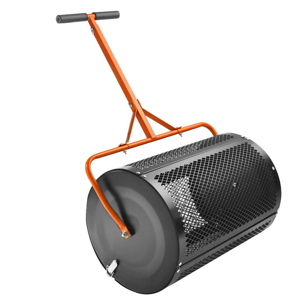 Compost Spreader and Peat Moss Spreader, 24" Roller Lawn Spreader with Height Adjustable T Shaped Handle, Steel Mesh Basket Garden Spreader with Side Latches, for Spreading Manure Topsoil, Black
