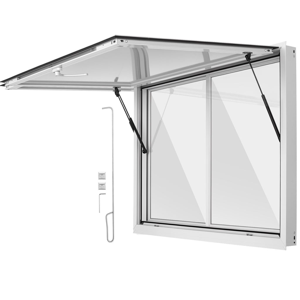 Concession Window 48x36 in Aluminum Alloy Service Window, for Food Truck, Up to 85 Degrees Stand Serving with 2 Sliding Acrylic Windows, Awning Door and Drag Hook, Rainwater Resistant