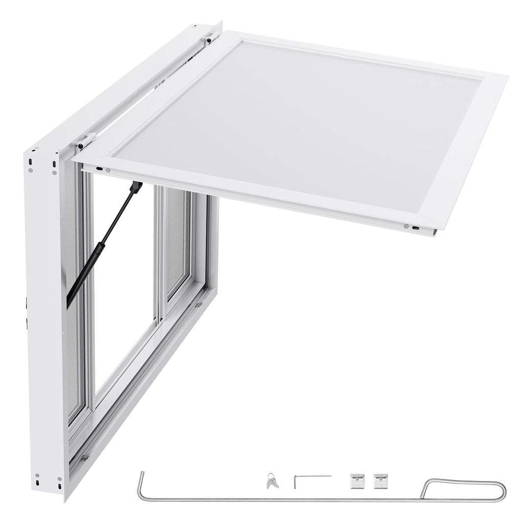 Concession Window 53x33 in, Aluminum Alloy Service Window for Food Truck, Up to 85 Degrees Stand Serving Window with 4 Sliding Windows, Awning Door, and Drag Hook, for Concession Trailers