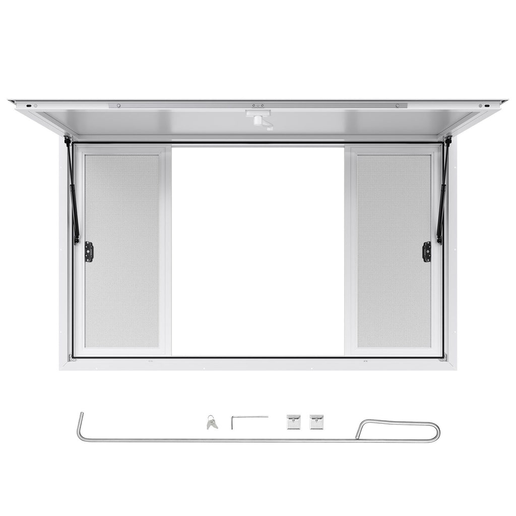 Concession Window 60x36 in, Aluminum Alloy Service Window for Food Truck, Up to 85 Degrees Stand Serving Window with 4 Sliding Windows, Awning Door, and Drag Hook, for Concession Trailers