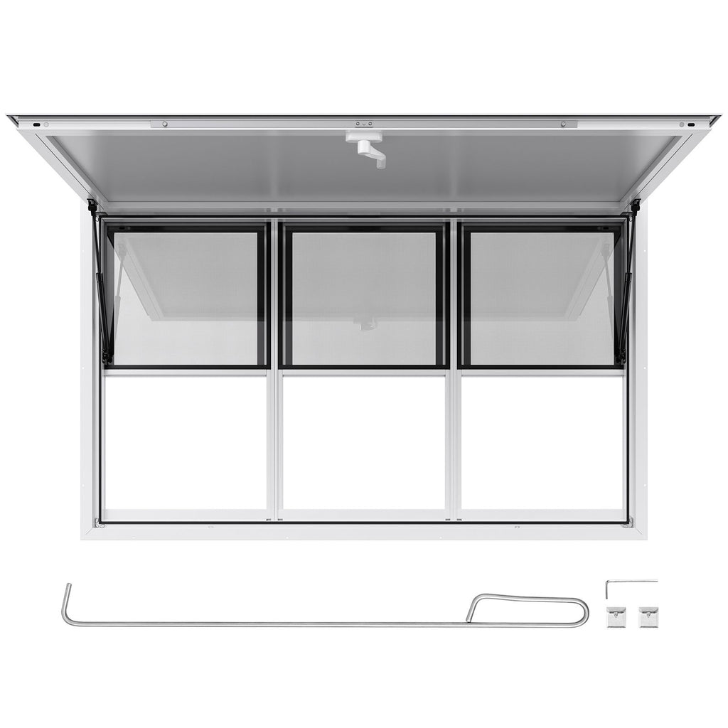 Concession Window 60x36 in, Aluminum Alloy Service Window for Food Truck, Up to 85 Degrees Stand Serving Window with 6 Sliding Windows, Awning Door, and Drag Hook, for Concession Trailers