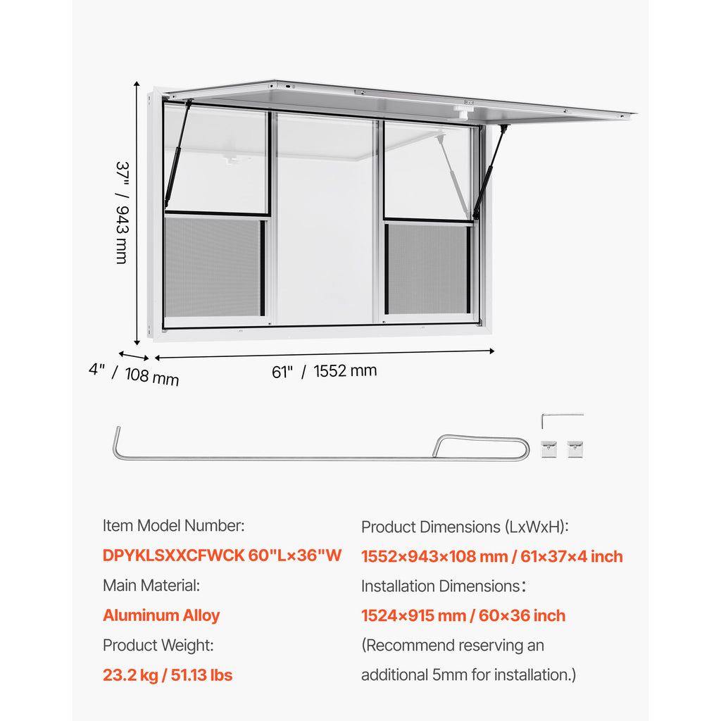 Concession Window 60x36 in, Aluminum Alloy Service Window for Food Truck, Up to 85 Degrees Stand Serving Window with 6 Sliding Windows, Awning Door, and Drag Hook, for Concession Trailers