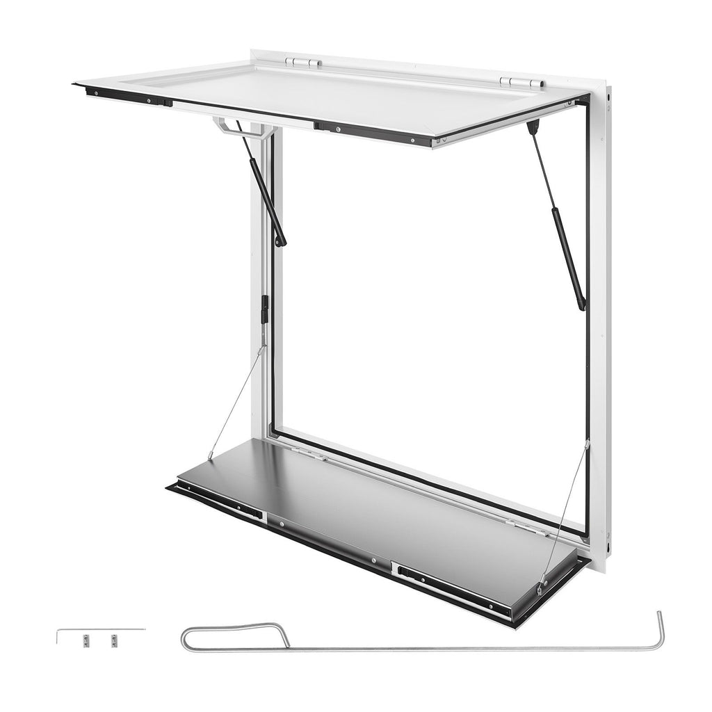 Concession Window Folding Shelf 36x36in Aluminum Alloy Service Window, for Food Truck, Up to 85 Degrees, with Awning Door and Drag Hook, Rainwater Resistant