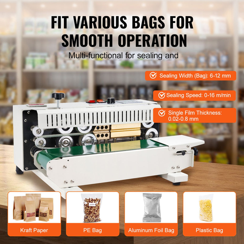 Continuous Bag Band Sealing Machine, 0.24-0.47 in/6-12 mm Seal Width, Horizontal Band Sealer Machine with Digital Temperature Control, Bag Sealer for 0.02-0.8 mm Plastic Bags with Count Function