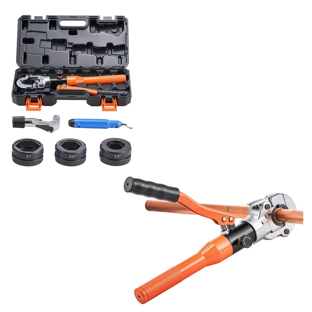 Copper Pipe Crimping Tool, Hydraulic Driven Pro Press Tool with 1/2", 3/4", 1" Jaws, Copper Tube Fittings Crimper for Narrow Spaces & Tee Fittings - with Pipe Cutter & Carrying Case