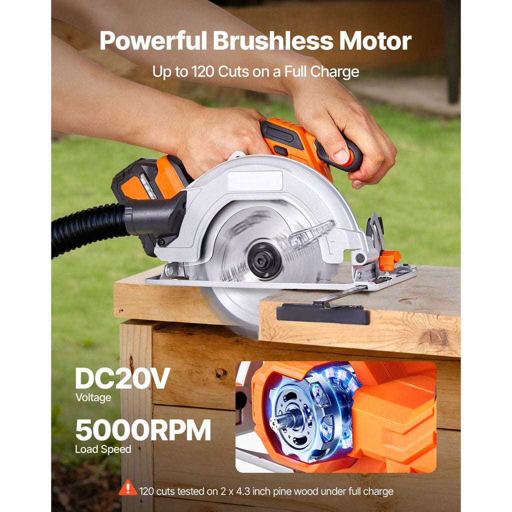 Cordless Circular Saw, 7-1/4 inch Blade, 5000 RPM Speed, 0-45 Degree Bevel Capability, Brushless Motor, LED Light, Electric Circular Saw Kit with Battery and Charger Included, for Wood Cutting