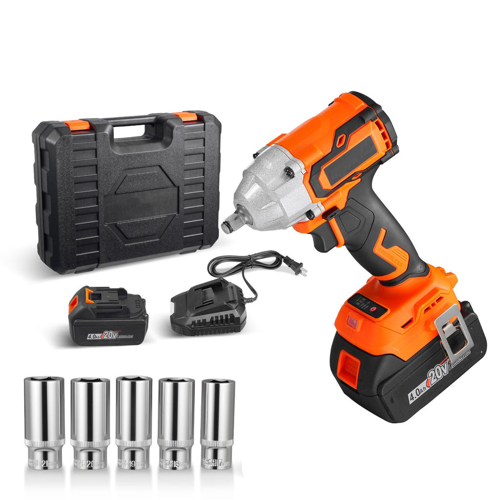 Cordless Impact Wrench, 280 ft-lbs / 380 N·m High Torque, 3/8 inch, 20V Electric Impact Wrench with Brushless Motor, 4Ah Battery, Charger, 5 Sockets and Belt Clip, for Car Tire Truck DIY