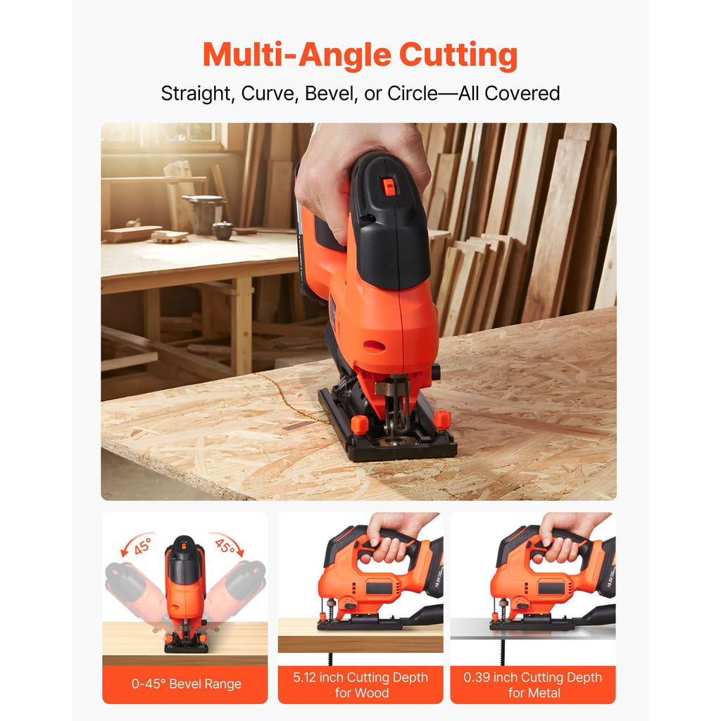 Cordless Jig Saw, 20 V, 3000 SPM Blade Speed, Cordless Jigsaw with Battery and Charger, LED Light, 6 Variable Speed, 0- 45° Bevel Cuts, with 6 pcs Blades, 4 Orbital Settings, for Wood, Metal