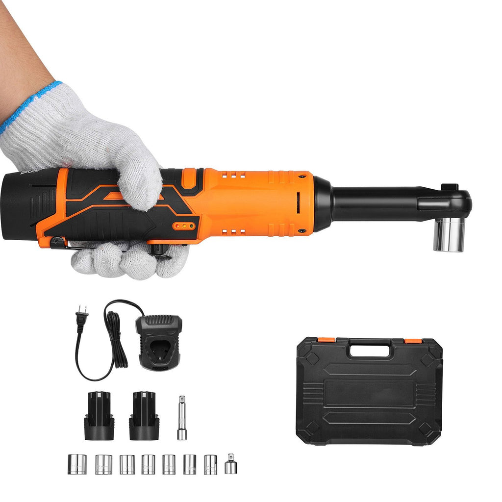 Cordless Ratchet Wrench, 3/8 inch Drive, 240 RPM, up to 33 ft-lbs of Torque, Extended Battery Powered Electric Ratchet Wrench Set with Two Batteries, Charger, Sockets, Adaptor and Extension Bar