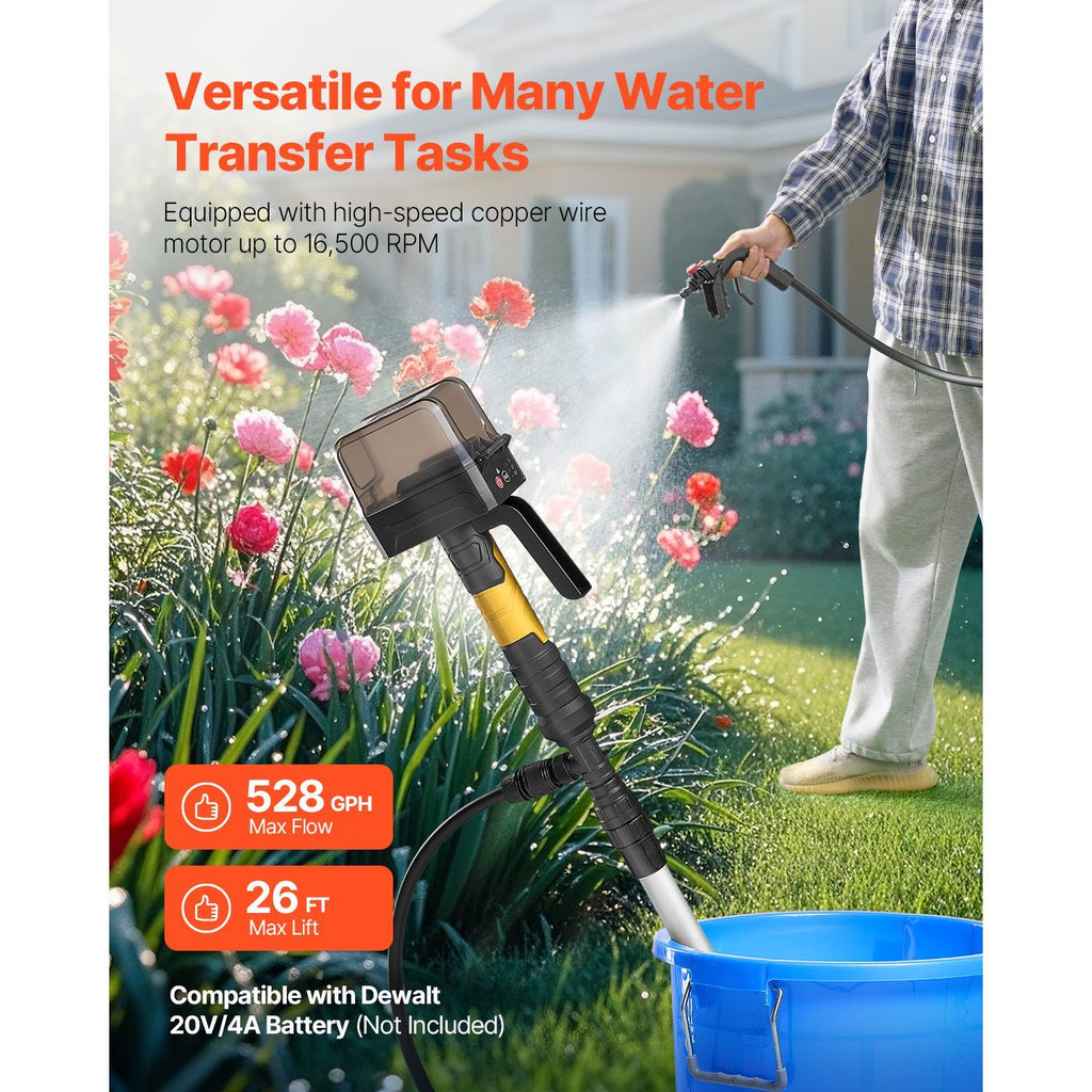 Cordless Stick Water Transfer Pump, 528GPH, Portable Sump Pump with NPT3/4" Garden Hose, Compatible with Dewalt 20V MAX Battery (No Battery), Electric Utility Stick Pump for Pool, Garden, Pond