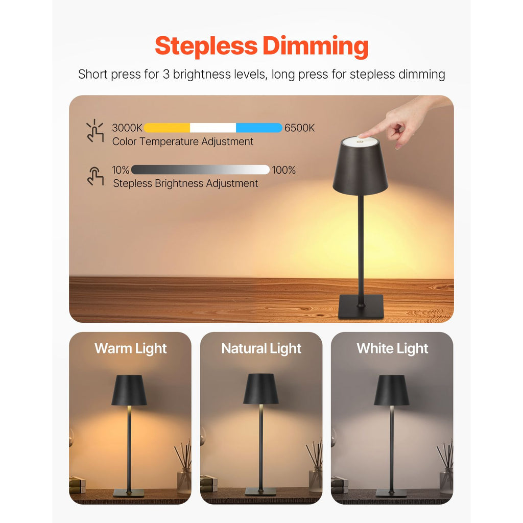 Cordless Table Lamp, 2-Pack, 5200mAh Built-in Rechargeable Battery Desk Lamp, 3 Color Stepless Dimming Up, 3000-6500K Color Temperature, Table Light for Restaurant, Bedroom, Outdoor, Black