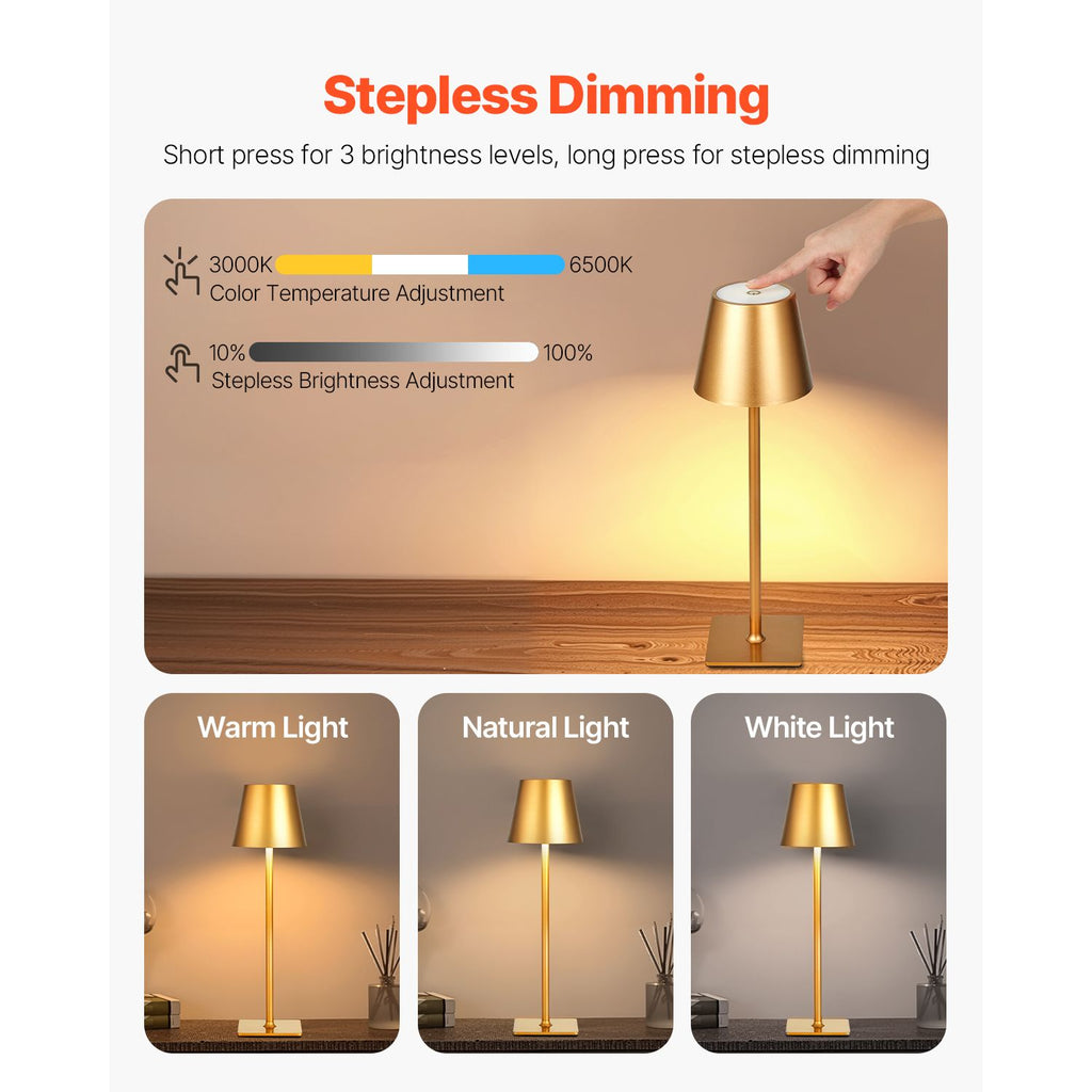 Cordless Table Lamp, 2-Pack, 5200mAh Built-in Rechargeable Battery Desk Lamp, 3 Color Stepless Dimming Up, 3000-6500K Color Temperature, Table Light for Restaurant, Bedroom, Outdoor, Gold