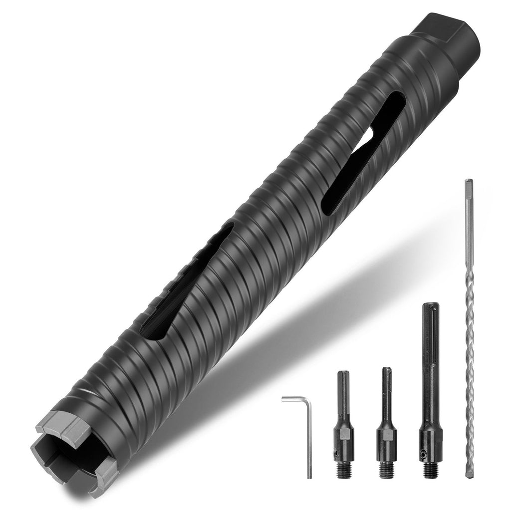 Core Drill Bit, 1-1/2 inch Diameter, 9-1/2 inch Drilling Depth, 5/8-11 Internal Thread, Diamond Dry Coring Bit with 3 Adapters, Pilot Drill and Hex Wrench, for Concrete, Red Bricks, and Masonry