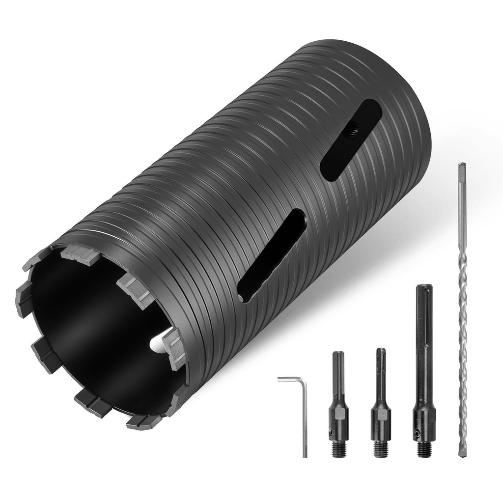 Core Drill Bit, 4-1/2 inch Diameter, 9-1/2 inch Drilling Depth, 5/8-11 Internal Thread, Diamond Dry Coring Bit with 3 Adapters, Pilot Drill and Hex Wrench, for Concrete, Red Bricks, and Masonry