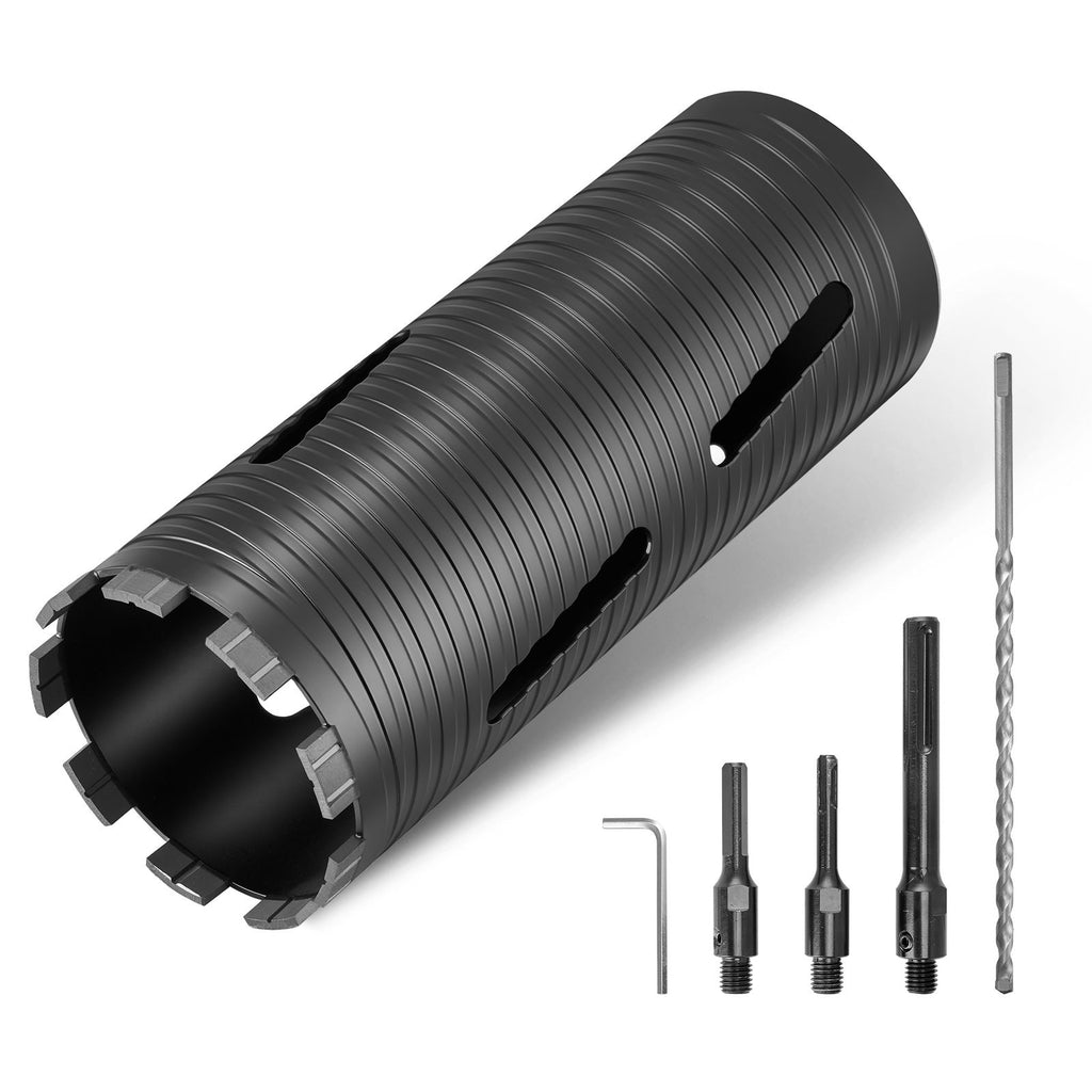 Core Drill Bit, 4-1/4 inch Diameter, 9-1/2 inch Drilling Depth, 5/8-11 Internal Thread, Diamond Dry Coring Bit with 3 Adapters, Pilot Drill and Hex Wrench, for Concrete, Red Bricks, and Masonry