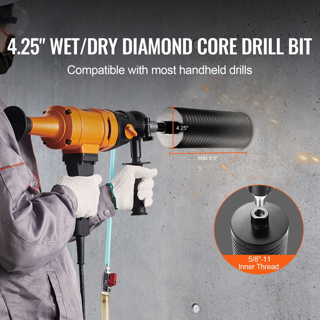 Core Drill Bit, 4.25" Wet/Dry Diamond Core Drill Bits for Brick and Block, Concrete Core Drill Bit with Pilot Bit Adapter and Saw Blade, 9.5" Drilling Depth, 5/8"-11 Inner Thread, Laser Welding image 2