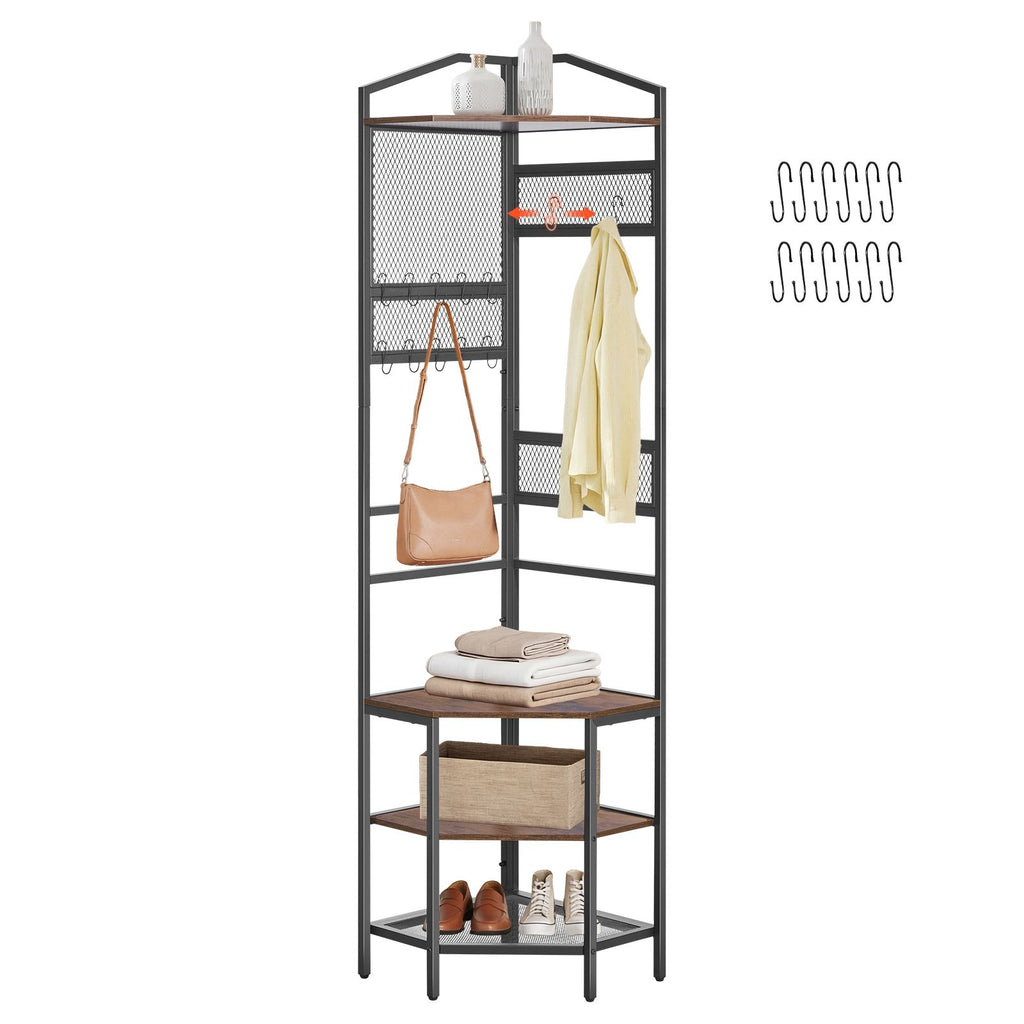 Corner Hall Tree, 71.3 in Coat Rack with Hooks, Top Shelf & Steel Frame, Freestanding Clothes Shoes Rack Storage Organizer with Anti-Tip Set, Adjustable Non-Slip Feet for Entrance Closet Office