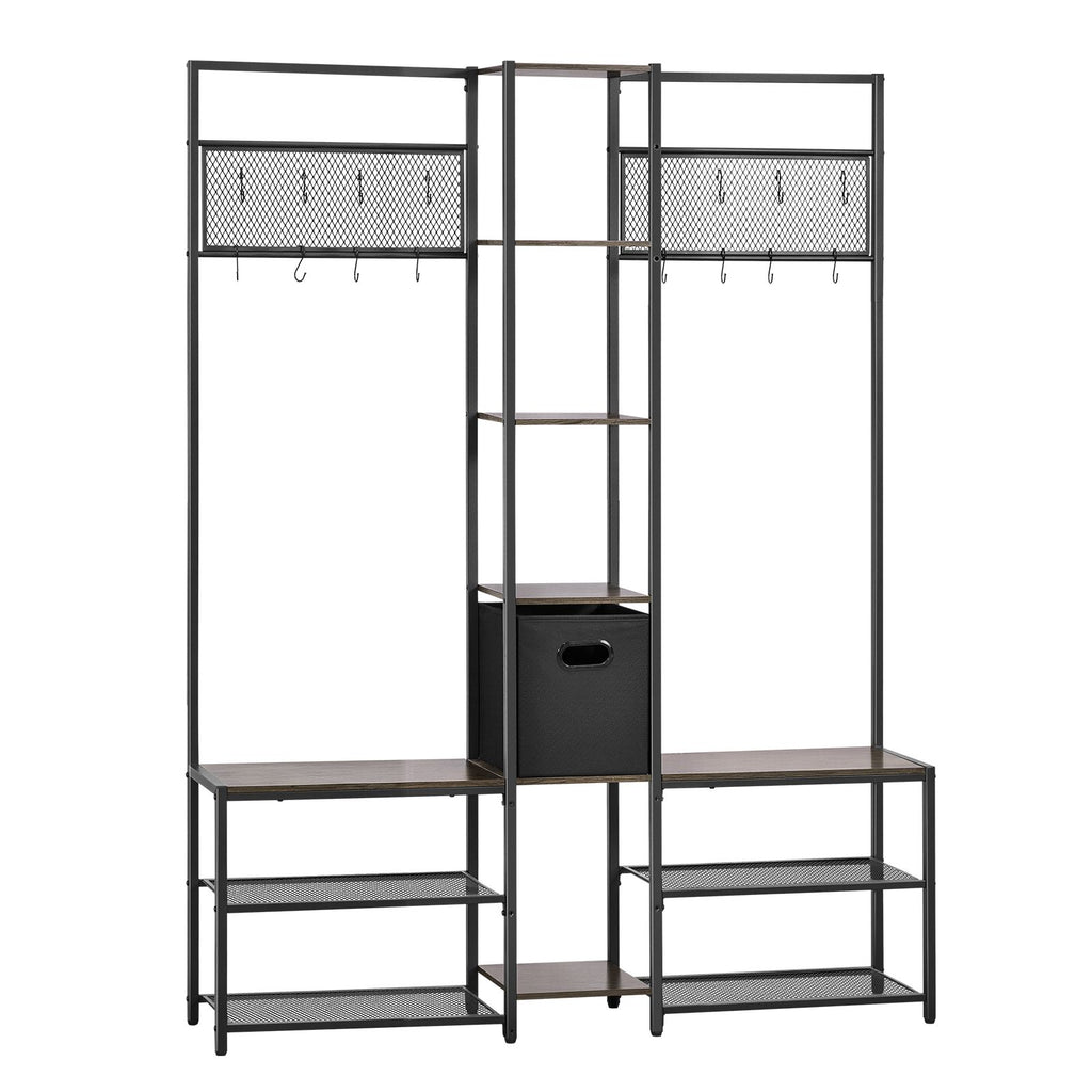Corner Hall Tree with Shoe Bench, 70.9 in Coat Rack with Hooks and Steel Frame, Freestanding Clothes Shoes Rack Storage Organizer with Anti-Tip Set, for Entrance, Closet, Office, Rustic Brown