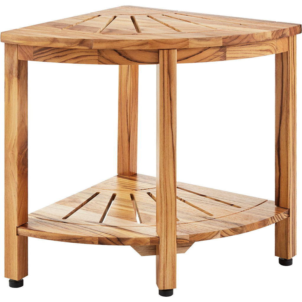 Corner Teak Shower Bench, 18.5" Height 15.5" Radius, 100% Teak Wood Corner Shower Beach, 500 LBS with Storage Shelf, Shower Stool for Inside & Outside Shower, for Bathroom