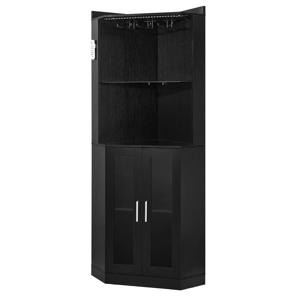 Corner Wine Cabinet, Bar Cabinet with Ample Storage, Modern Buffet Sideboard with Glass Holder, Adjustable LED Brightness, Anti-Tip Strap, for Home Kitchen, Living Room, Dining Room, Black Wood