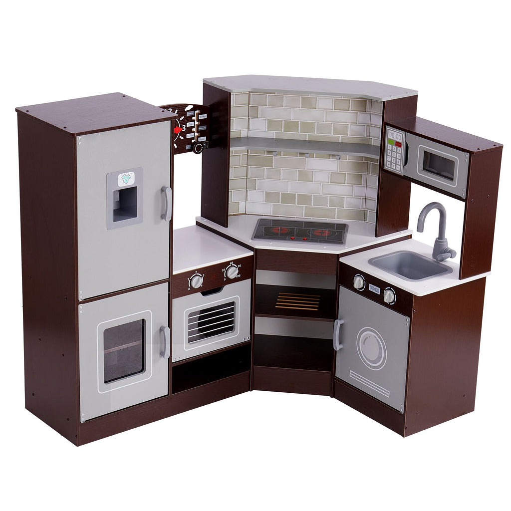 Corner Wooden Play Kitchen, Toy Set with Lights and Sounds, Toddler Kitchen with Ice Maker, Oven, Sink, Clock, Microwaves, Refrigerator and Accessories, for Toddlers, Preschoolers, Brown
