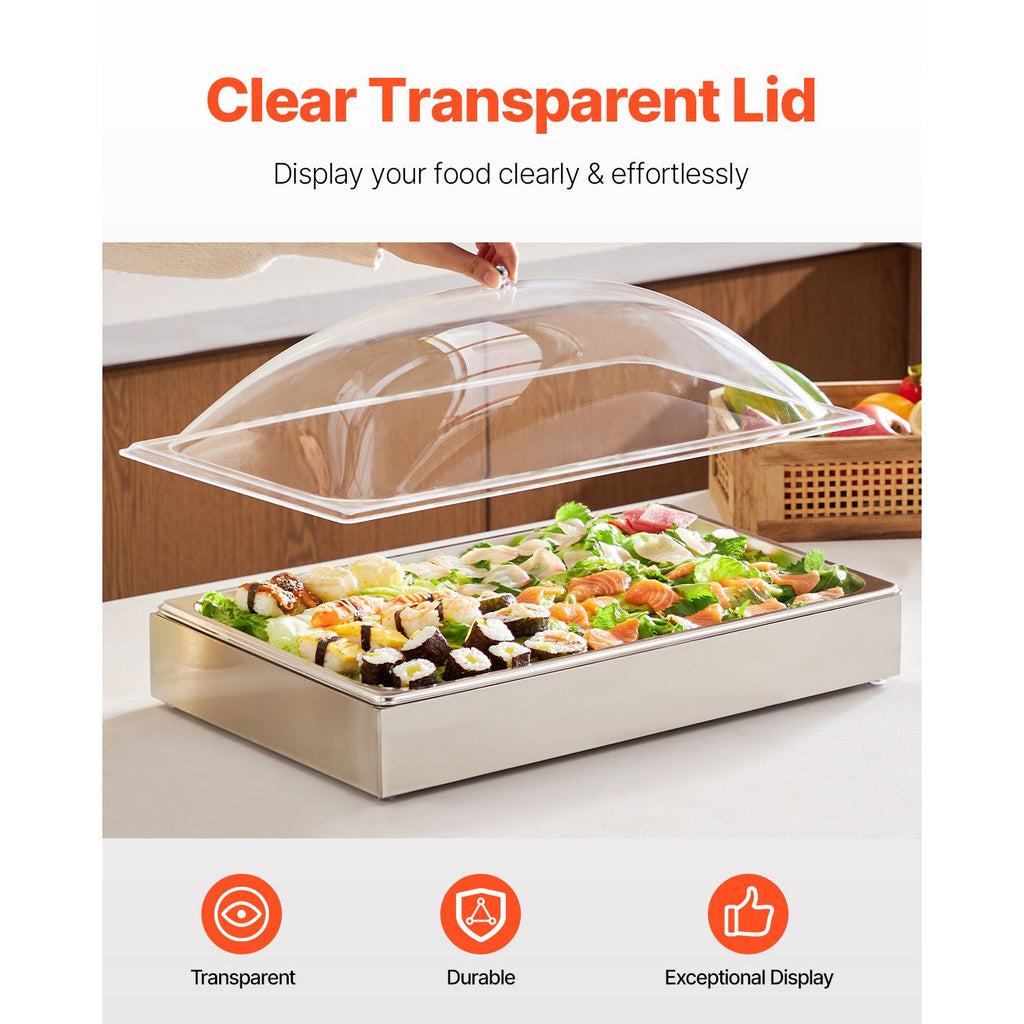 Countertop Food Serving Display Container, 1 x 1 Pan Stainless Steel Food Serving Tray, Buffet Condiment Dispenser Display Rack with Clear Arc Lid & 3 Ice Trays, for Restaurant, Hotel, Party