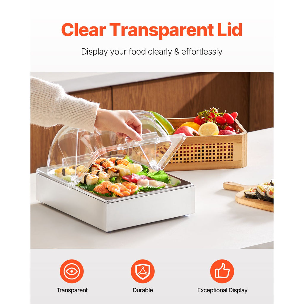 Countertop Food Serving Display Container, 1 x 1/2 Pan Stainless Steel Food Serving Tray, Buffet Condiment Dispenser Display Rack with Clear Lid & Ice Tray, for Restaurant Hotel Kitchen Party
