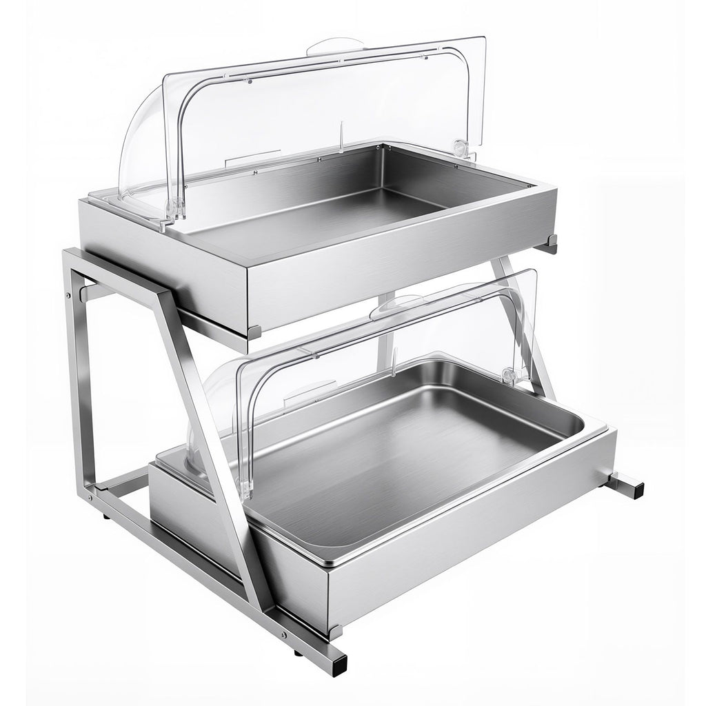 Countertop Food Serving Display Container, 2 Tier Stainless Steel Food Salad Server Tray, Buffet Condiment Dispenser, Ice Cooled Rack with Clear Roll Top Cover, for Restaurant Hotel (1/1 Pan x2)