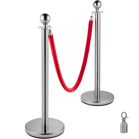 Crowd Control Stanchion, Set of 4 Pieces Silver Stanchion Set, Stanchion Set with 5 ft/1.5 m Red Velvet Rope, Crowd Control Barrier