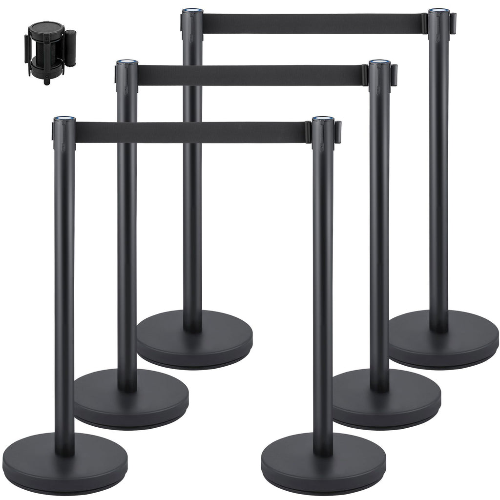 Crowd Control Stanchion, Set of 6 Pieces Stanchion Set, Stanchion Set with 6.6 ft/2 m Black Retractable Belt, Black Crowd Control Barrier with Concrete and Metal Base - Easy Connect Assembly