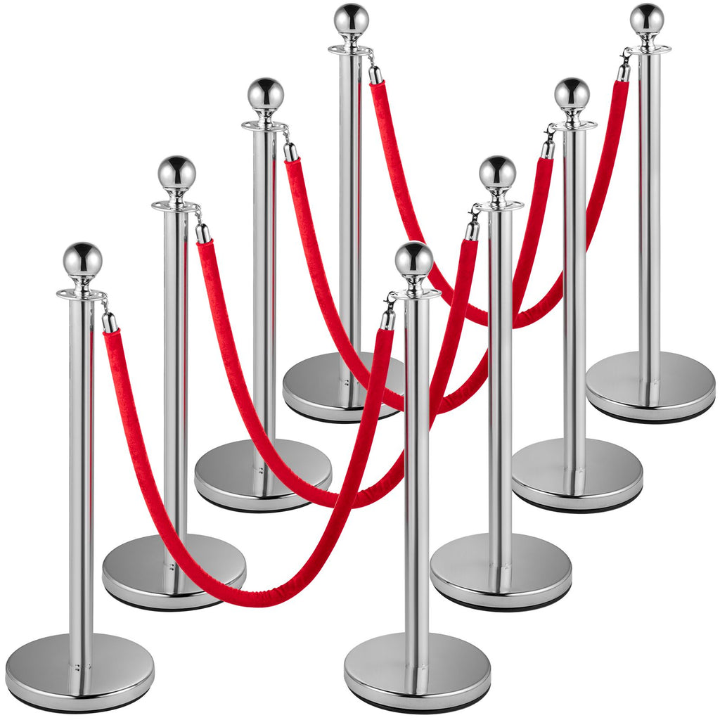 Crowd Control Stanchion, Set of 8 Pieces Silver Stanchion Set, Stanchion Set with 5 ft/1.5 m Red Velvet Rope, Crowd Control Barrier with Sturdy Concrete and Metal Base