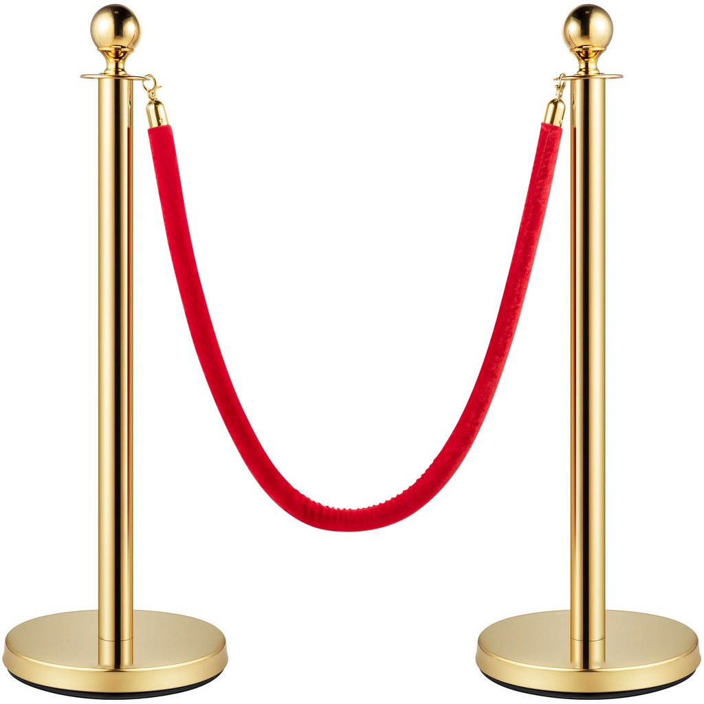 Crowd Control Stanchion, Set of 8 Pieces Stanchion Set, Stanchion Set with 5 ft/1.5 m Red Velvet Rope, Gold Crowd Control Barrier with Sturdy Concrete and Metal Base – Easy Connect Assembly