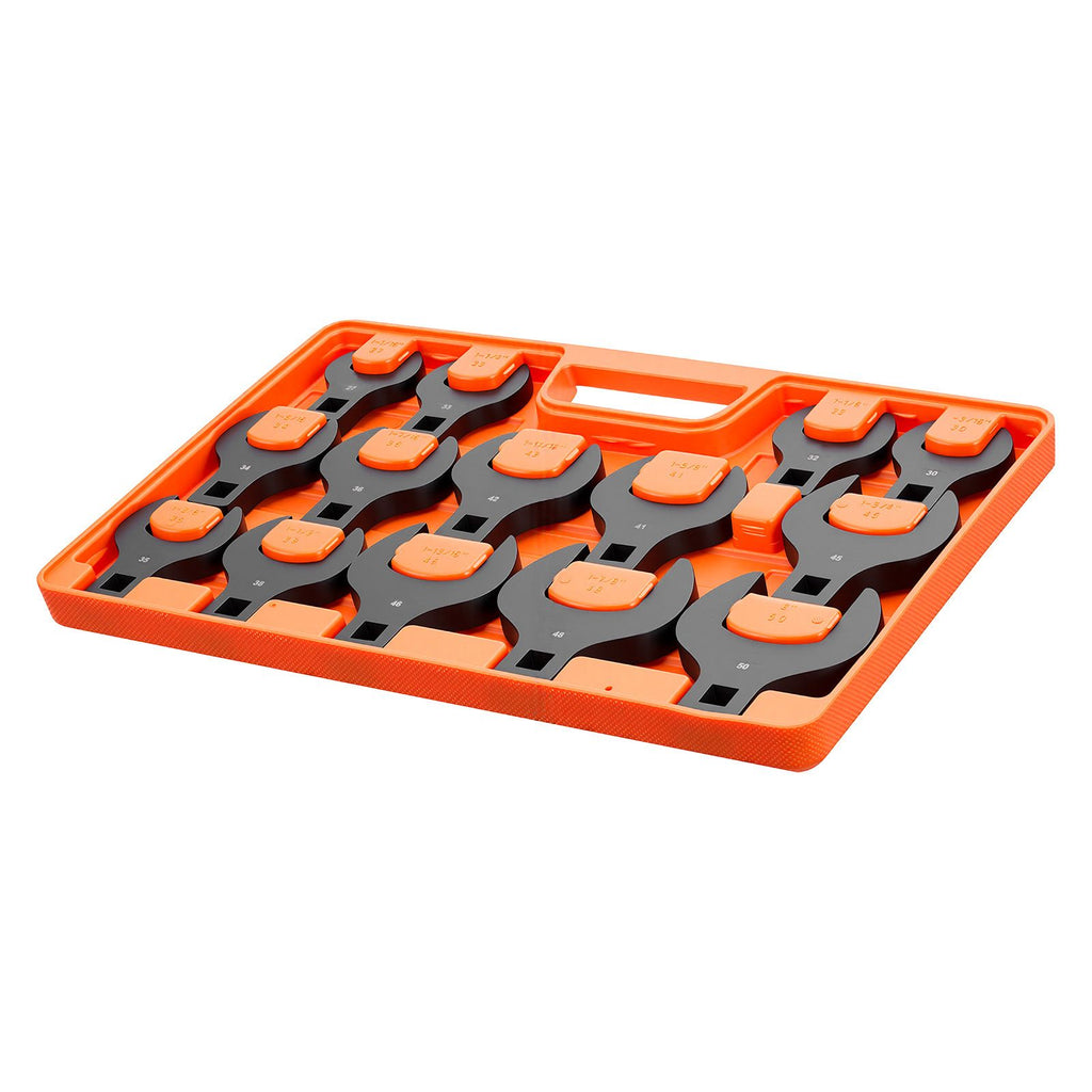 Crowfoot Wrench Set, 1/2" Drive, 14-Piece Metric 27 to 50 mm Crows Foot Wrenches, with Storage Tray, Dual Size Markings on Tools and Tray, for Auto Maintenance or Repairs