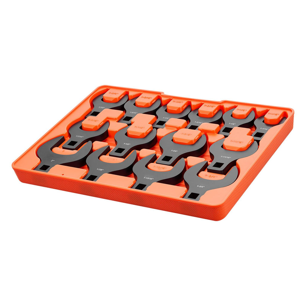 Crowfoot Wrench Set, 1/2" Drive, 14-Piece SAE 1-1/16" to 2" Crows Foot Wrenches, with Storage Tray, Dual Size Markings on Tools and Tray, for Auto Maintenance or Repairs