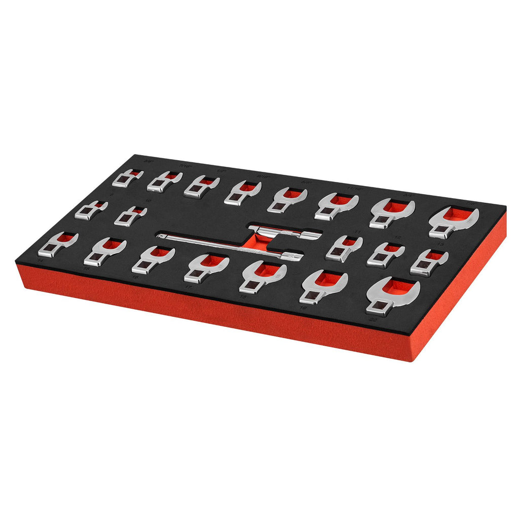 Crowfoot Wrench Set, 3/8" Drive, 22-Piece Metric and SAE Size Crows Foot Wrenches, Cr-Mo Alloy Steel, with Storage Tray, Dual Size Markings on Tools and Tray, for Auto Maintenance or Repairs