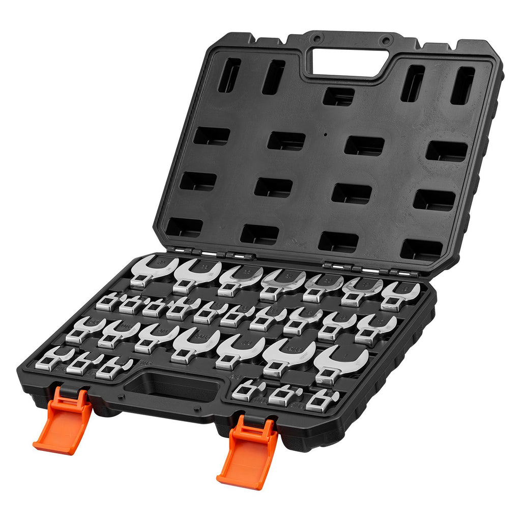 Crowfoot Wrench Set, 3/8" Drive, 30-Piece Metric and SAE Size Crows Foot Wrenches, Cr-Mo Alloy Steel, with Storage Case, Dual Size Markings on Tools and Case, for Auto Maintenance or Repairs