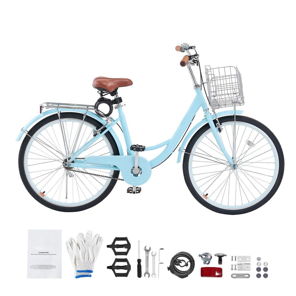 Cruiser Bike, 1-Speed, 26-Inch Light Blue Beach Cruiser Bike with Large Capacity Basket and Rear Rack, Secure & Sturdy Cruiser Bike with Adjustable Seat, Fits for Cycling, Exercise & Shopping