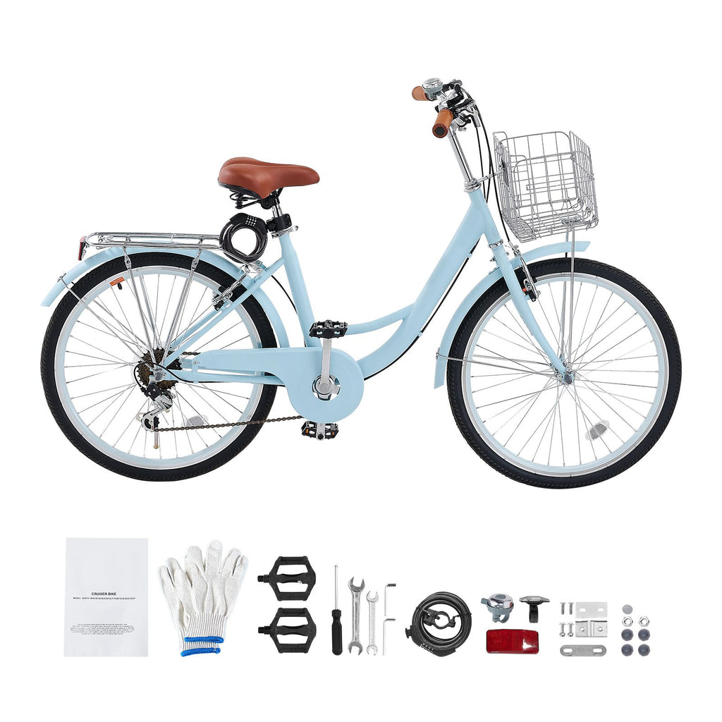 Cruiser Bike, 7-Speed, 26-Inch Light Blue Beach Cruiser Bike with Large Capacity Basket and Rear Rack, Secure & Sturdy Cruiser Bike with Adjustable Seat, Fits for Cycling, Exercise & Shopping