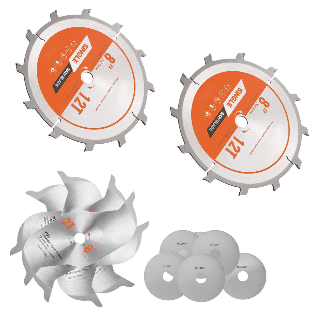 Dado Blade Set, 8 inch Diameter, 12 Sharp Alloy Teeth, 5/8 inch Arbor, Fine Finish, Stacking Dado Blades with Chippers and Shims, Noise-Reducing Heat Vents, for Cutting Plywood, OSB, Hardwood